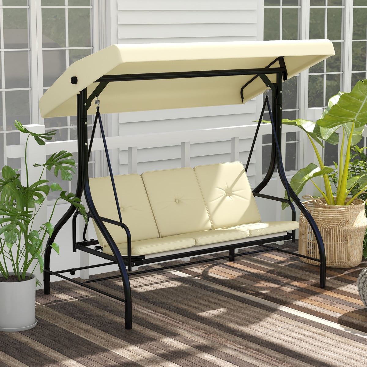 Outsunny Schaukelbank, Hollywoodschaukel mit Sonnenschutz, Gartenschaukel, Verandaschaukel, 3 Sitze, Schaukelbett