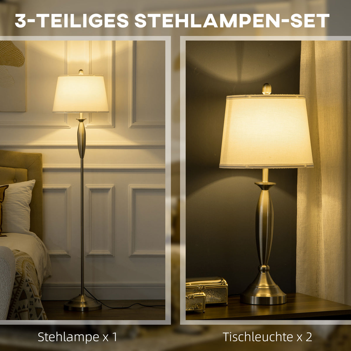 HOMCOM 3-teiliges Leuchten-Set. 1 Stehleuchte, 2 Tischleuchten, Leinenoptik; 38 cm x 38 cm x 158 cm, Silber + Weiß