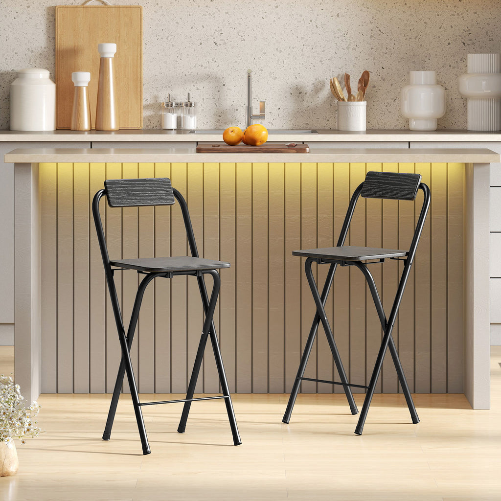 HOMCOM Set aus 2 klappbaren Barhockern mit Rückenlehne und Fußstütze, Stahlgestell, 87 cm hoch, schwarz