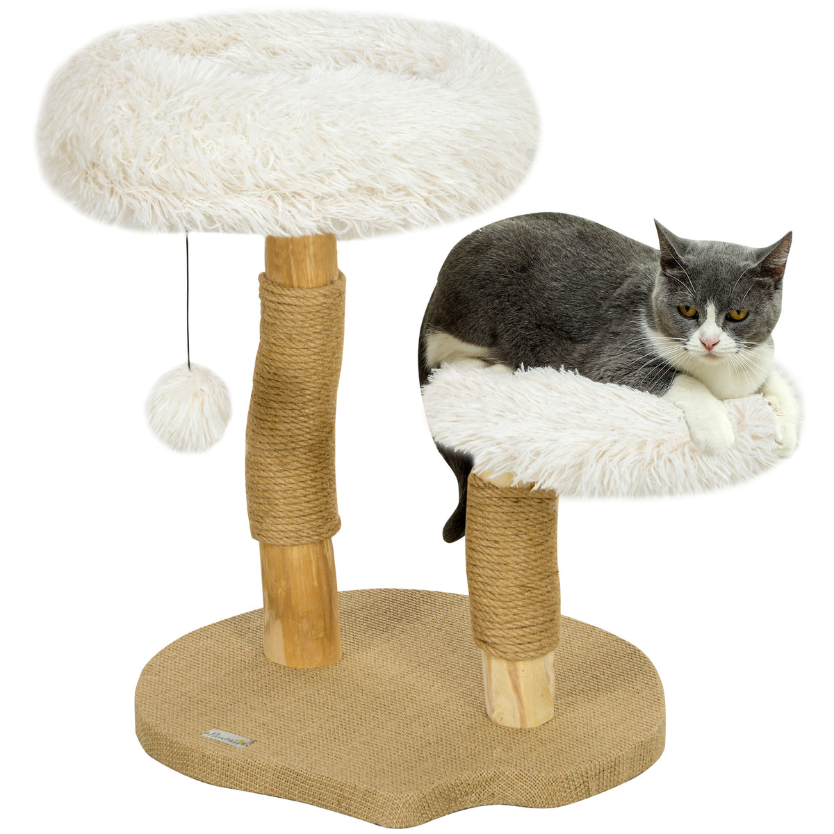 PawHut Katzenbaum, 61,5 cm, mit Katzenbett, Kratzpfosten, Sprungplattform, Spielzeugball, für Katzen bis zu 5 kg, Weiß