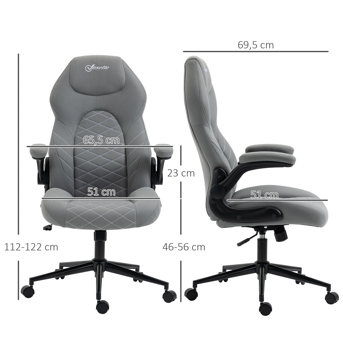 Vinsetto Bürostuhl mit Rückenlehne, höhenverstellbar, klappbare Armlehnen, Wippfunktion, Hellgrau