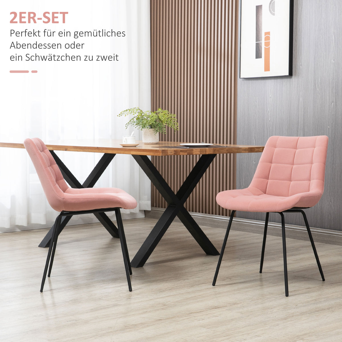 HOMCOM 2er-Set Esszimmerstühle  Akzentstühle Küchenstühle, Retro-Design, Samtoptik, 50 cm x 61 cm x 79 cm, Rosa