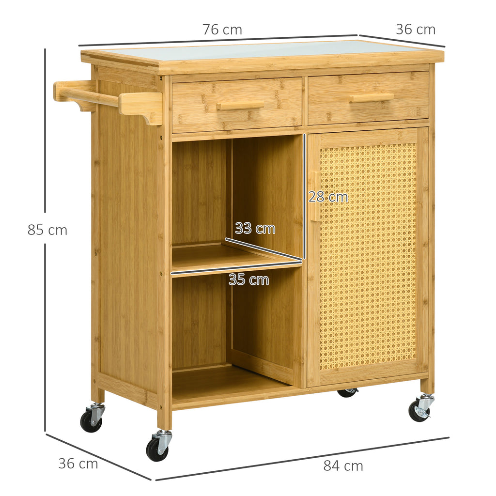HOMCOM Küchenwagen aus Bambus, Mehrzweckwagen, Sevierwagen, 2 Schubladen, 1 Schrank,  2 Regale, Natur