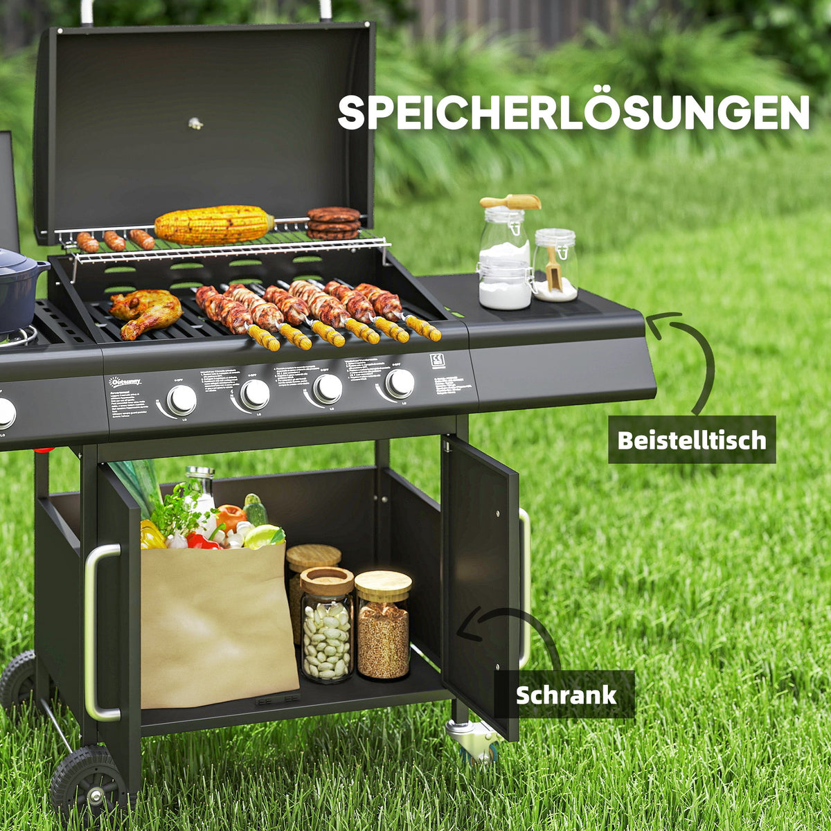 Outsunny Gasgrill 15,2 KW Grillwagen inkl 5 Edelstahl-Brenner Rolle Seitenkocher 129,5 x 56 x 110 cm Schwarz