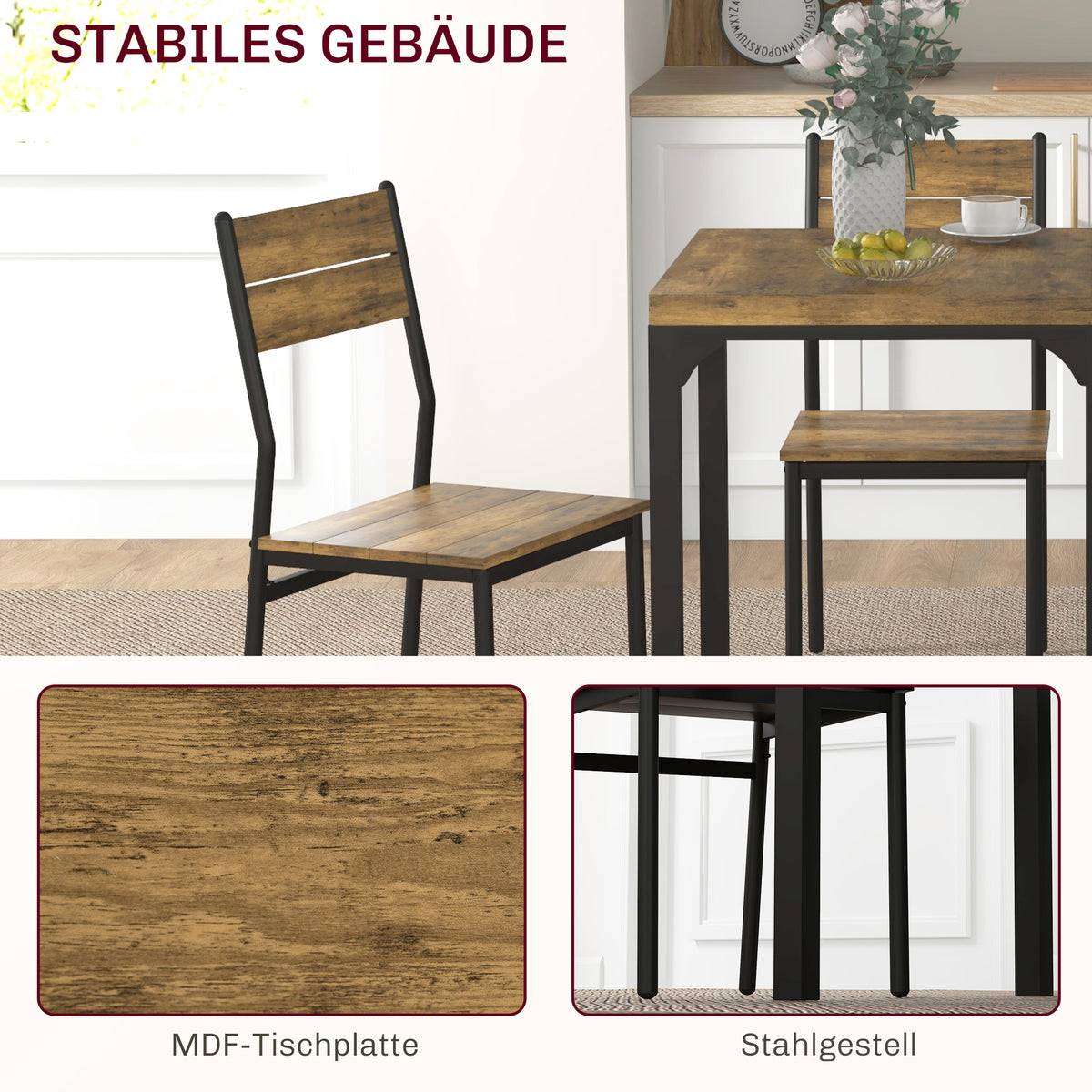 HOMCOM 3-teilige Essgruppe, Esstisch-Set, 1 Tisch, 2 Stühle, MDF+Metall, Braun