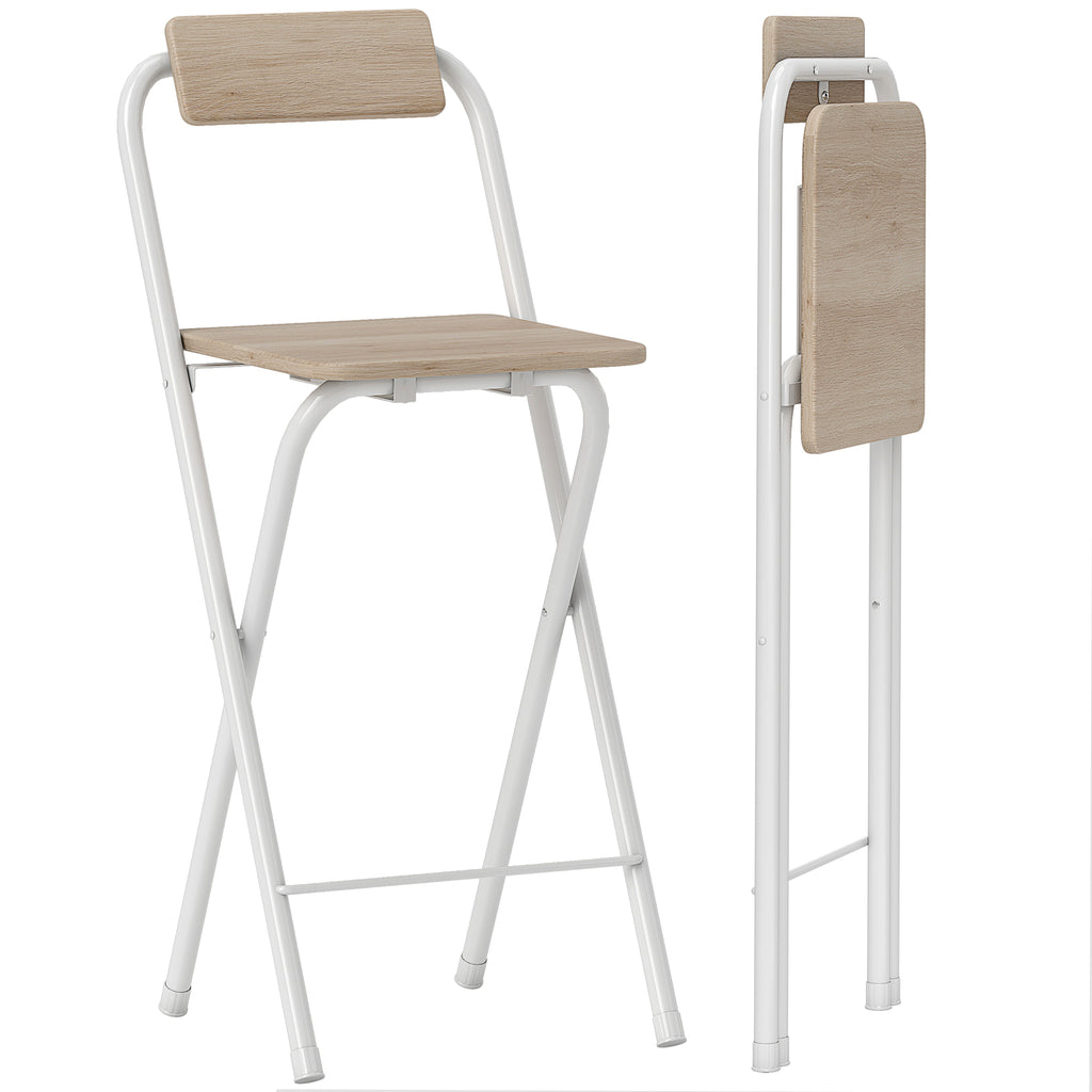 HOMCOM Set mit 2 klappbaren Barhockern mit Rückenlehne und Fußstütze, Stahlgestell, 87 cm hoch, natürliche Holzoptik