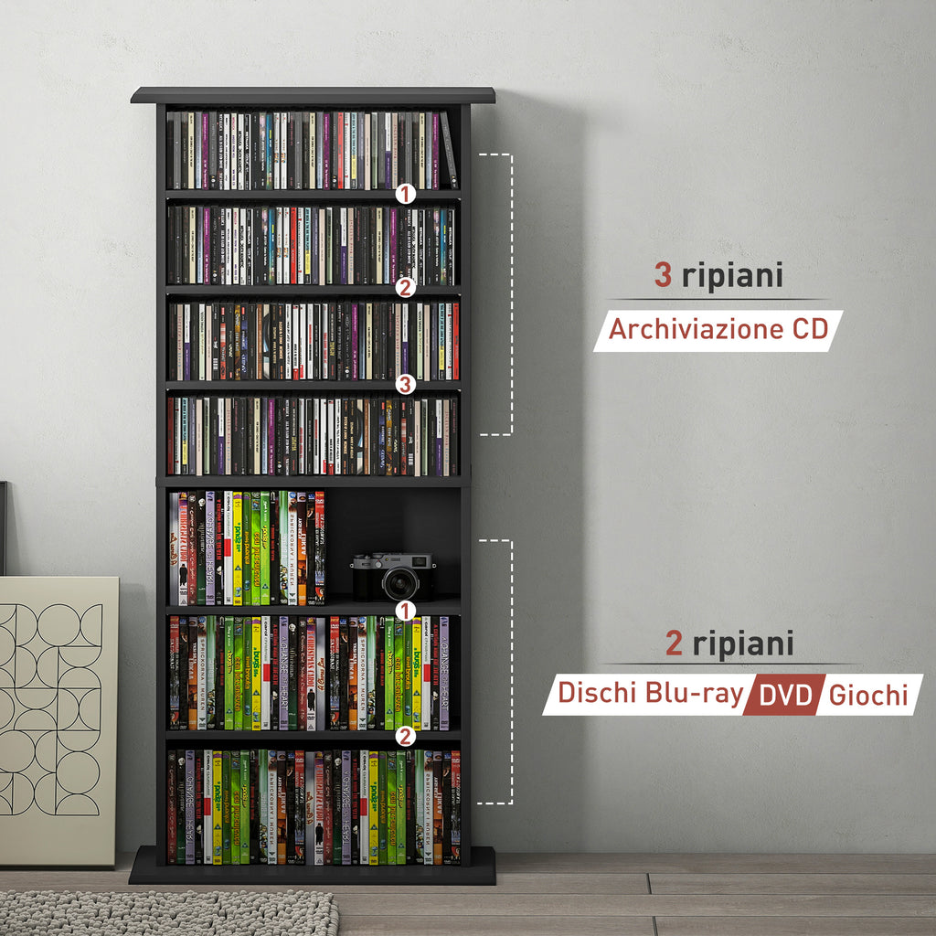 HOMCOM CD-Regal mit 6 verstellbaren Regalen, Kapazität 360 CDs/185 DVDs, 58x24x124,5 cm, Schwarz