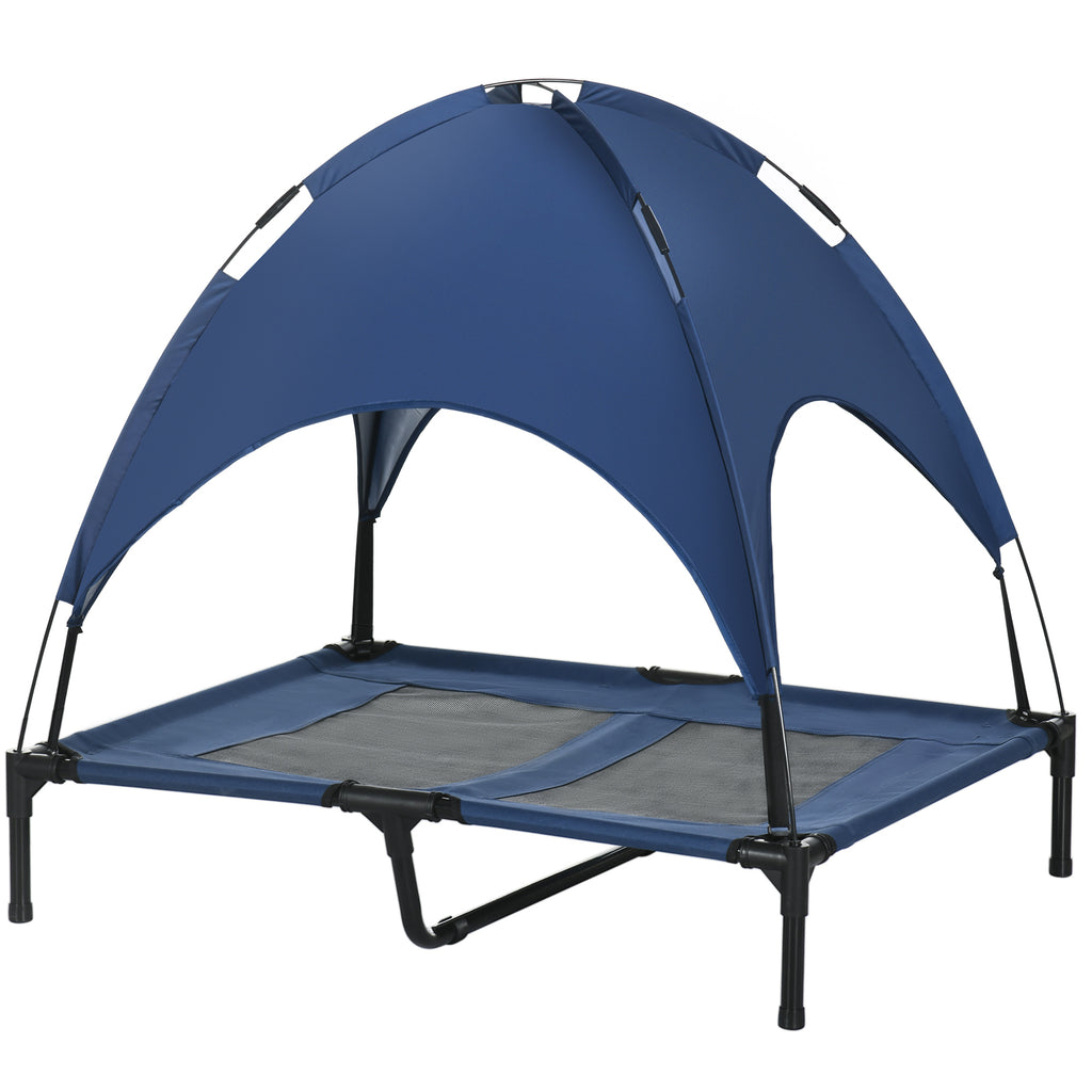 PawHut Hundebett mit Baldachin, Outdoor-Hundebett, klappbar, erhöhter Stand, Blau + Schwarz