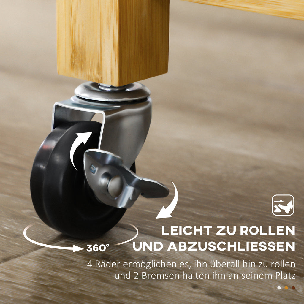 HOMCOM Küchenwagen aus Bambus, Mehrzweckwagen, Sevierwagen, 2 Schubladen, 1 Schrank,  2 Regale, Natur