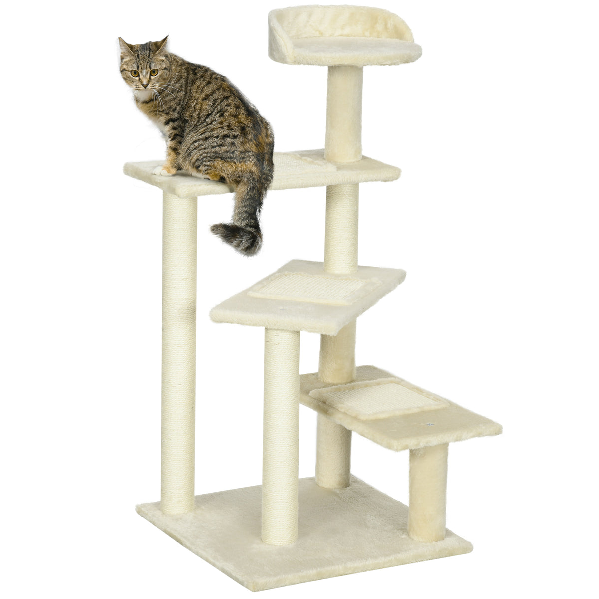 PawHut Kratzbaum 100 cm Katzenturm mit Sisalstämme, große Plattform, mehrstöckiger Katzenkratzbaum, Kletterbaum, für kleine & mittelgroße Katzen, Beige