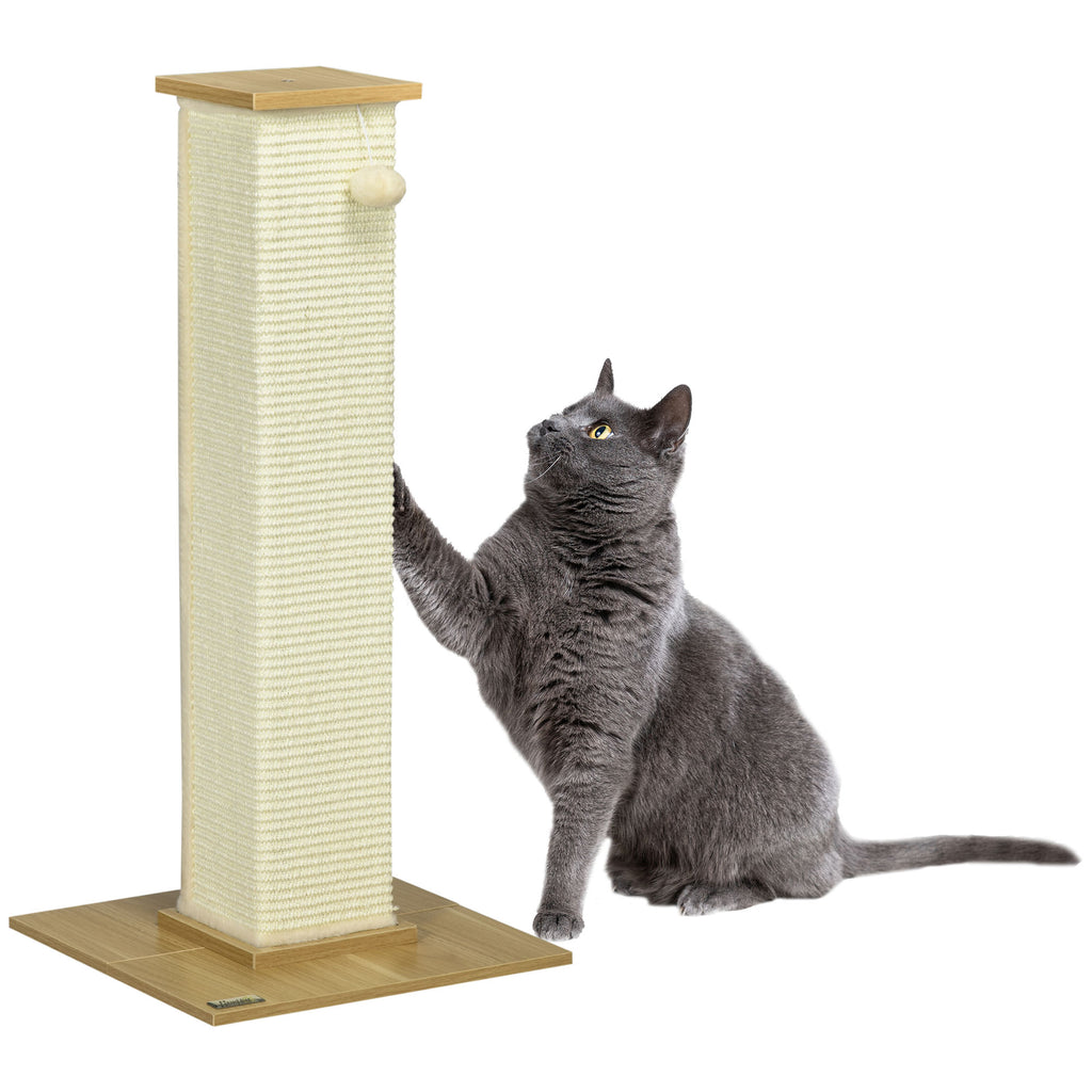 PawHut Kratzbaum inkl. Spielzeug, 38 cm x 38 cm x 80 cm, Beige + Natur