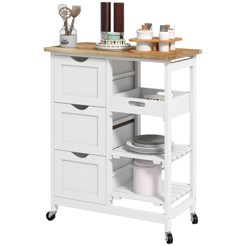 HOMCOM Kücheninselwagen mit Rollen und Arbeitsplatte aus Holz, 3 Schubladen + 1 abnehmbares Tablett 67 x 37 x 85,5 cm Weiß