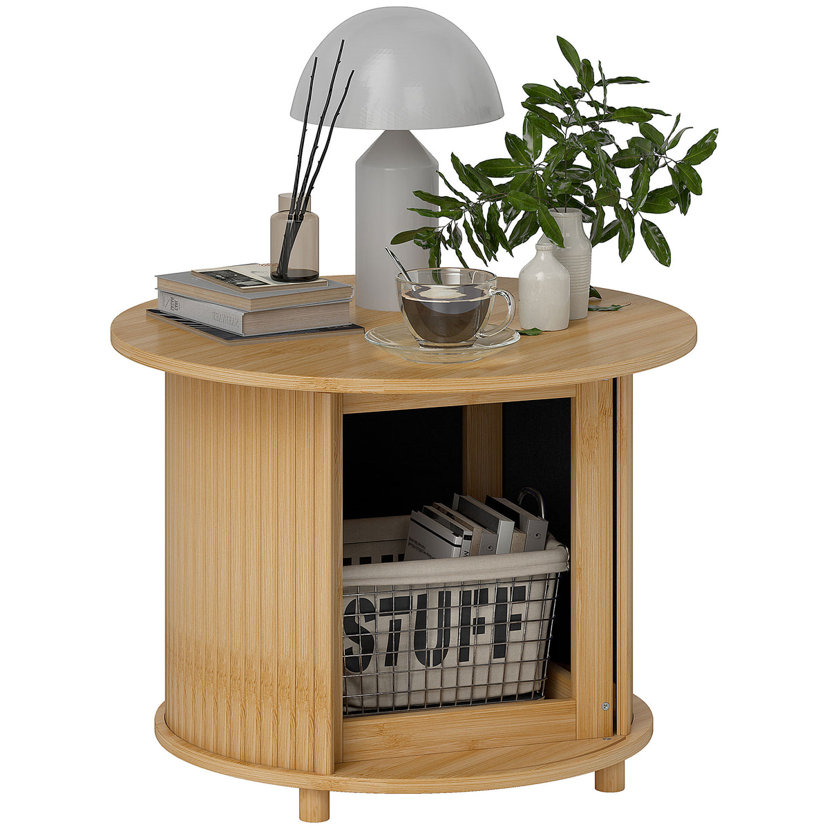 HOMCOM Beistelltisch, rund, mit Stauraum, Schiebetür, Bambus, Ф60 x 45 cm, bis 20 kg belastbar