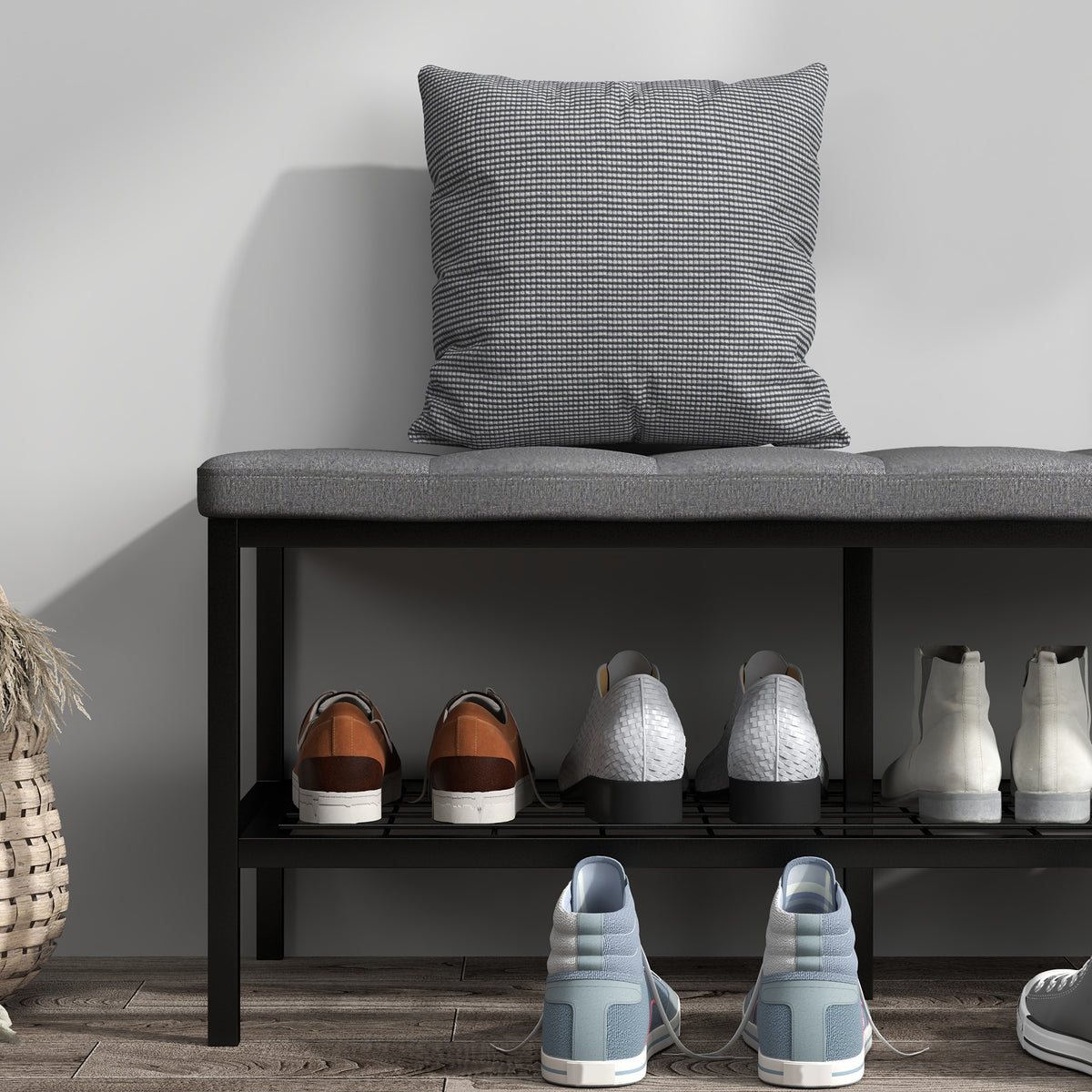 HOMCOM Schuhbank mit gepolstertem Kissen und Regal, Eingangsbank für Flur, Schlafzimmer, 90x41x40cm, grau