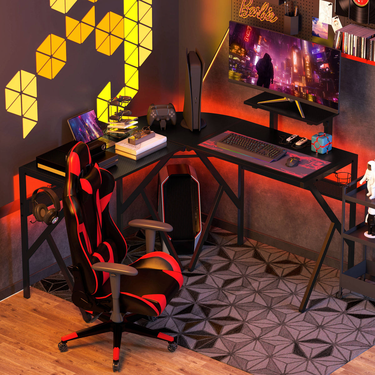 HOMCOM Gaming Schreibtisch Eckschreibtisch Gamer 125 x 125 cm in L-Form mit Kohlefaserplatte, Bildschirmhalter, Getränkehalter und Kopfhörerhaken, Schwarz