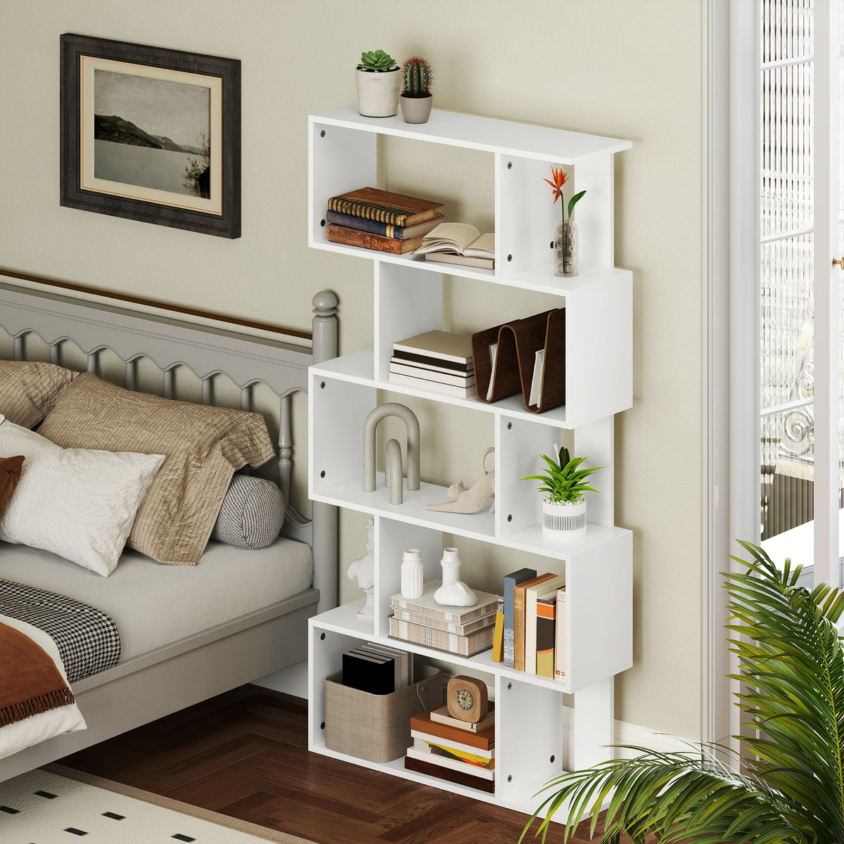 HOMCOM Asymmetrisches Regal in S-Form mit 5 Ebenen und 10 offenen Regalen, aus Holz, 80x24x159 cm, Weiß