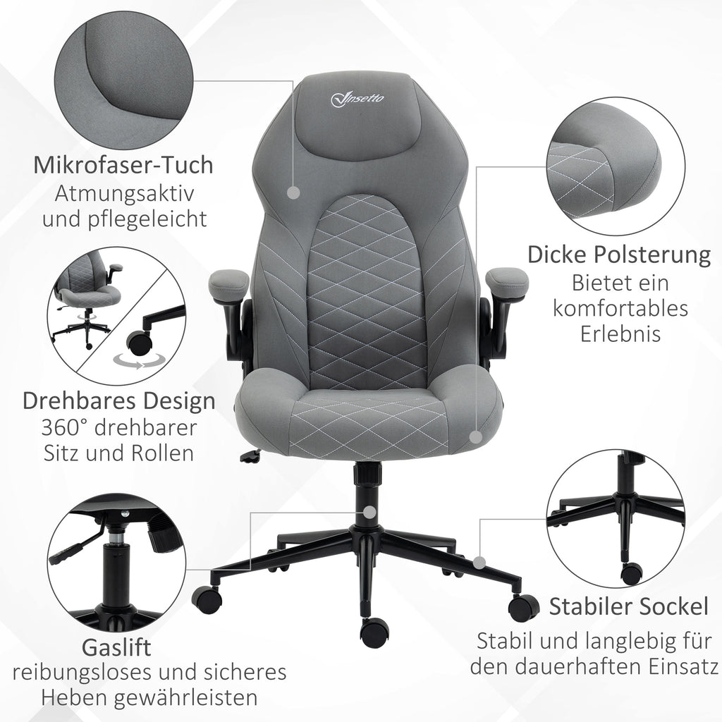 Vinsetto Bürostuhl mit Rückenlehne, höhenverstellbar, klappbare Armlehnen, Wippfunktion, Hellgrau