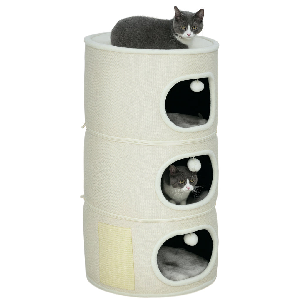 PawHut Katzenfass, 4 Ebenen, mit Kissen, Kratzmatte, Spielbällen, Katzenhaus für Innenbereich, Beige