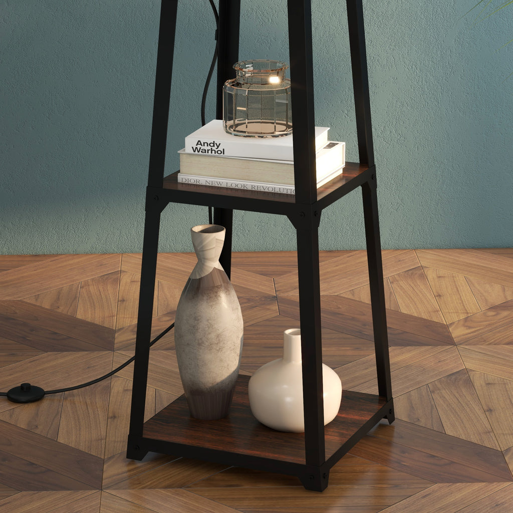 HOMCOM Stehlampe aus Metall und MDF mit 3 Regalen und Stofflampenschirm, Ø42x166 cm, Schwarz und Beige