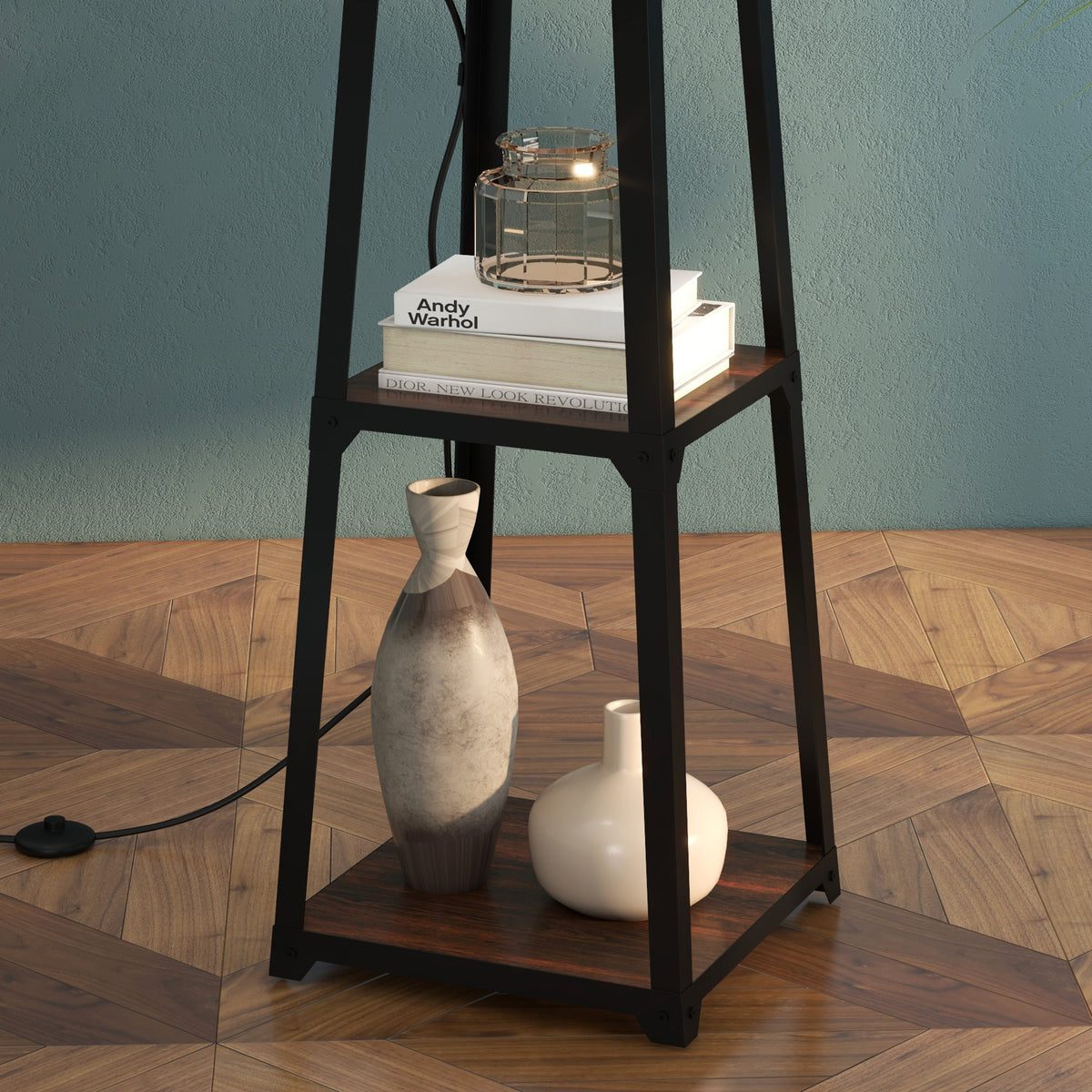 HOMCOM Stehlampe aus Metall und MDF mit 3 Regalen und Stofflampenschirm, Ø42x166 cm, Schwarz und Beige