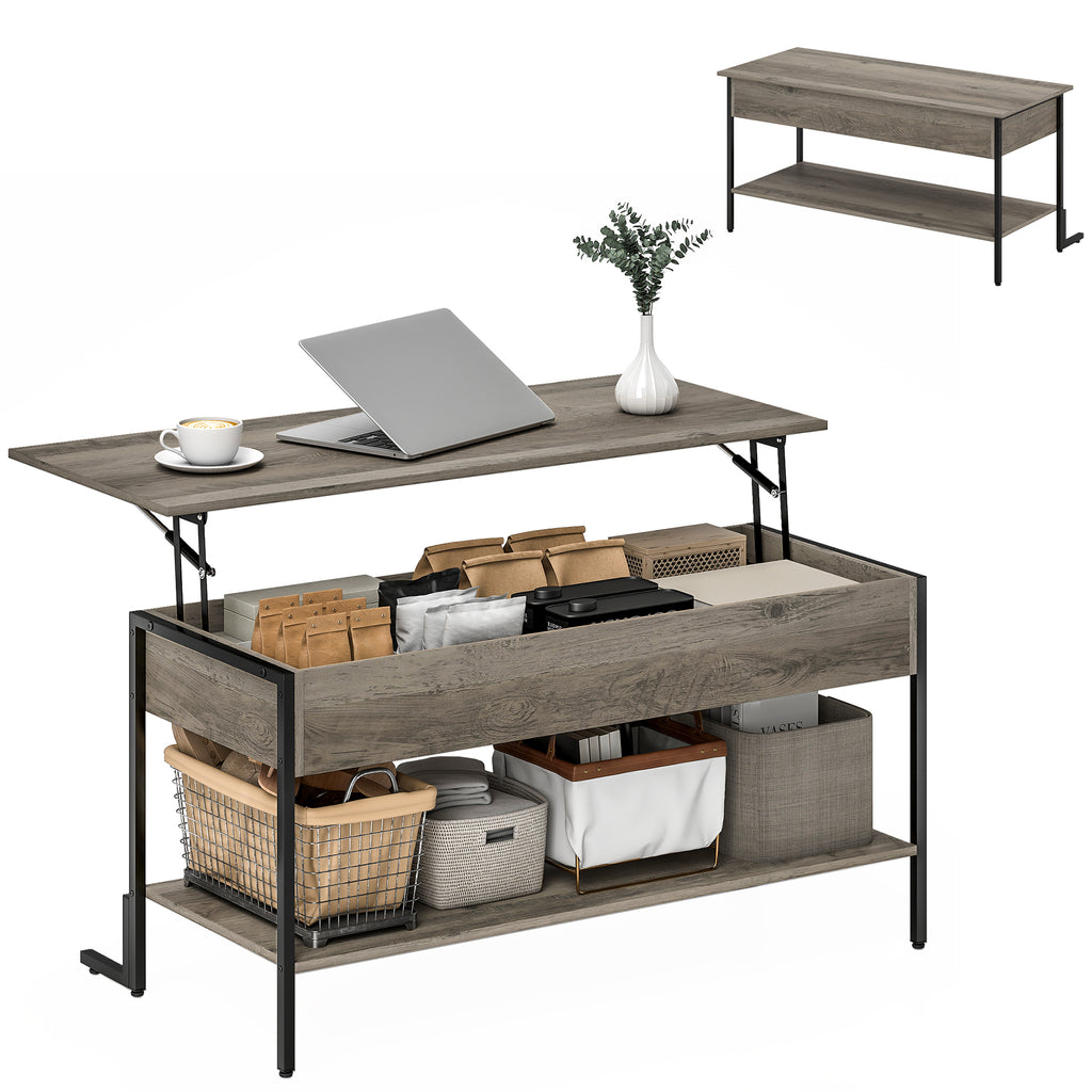 HOMCOM Couchtisch mit höhenverstellbarer Platte, Wohnzimmertisch mit verstecktem Fach und offenem Regal, 95x40x59cm, grau