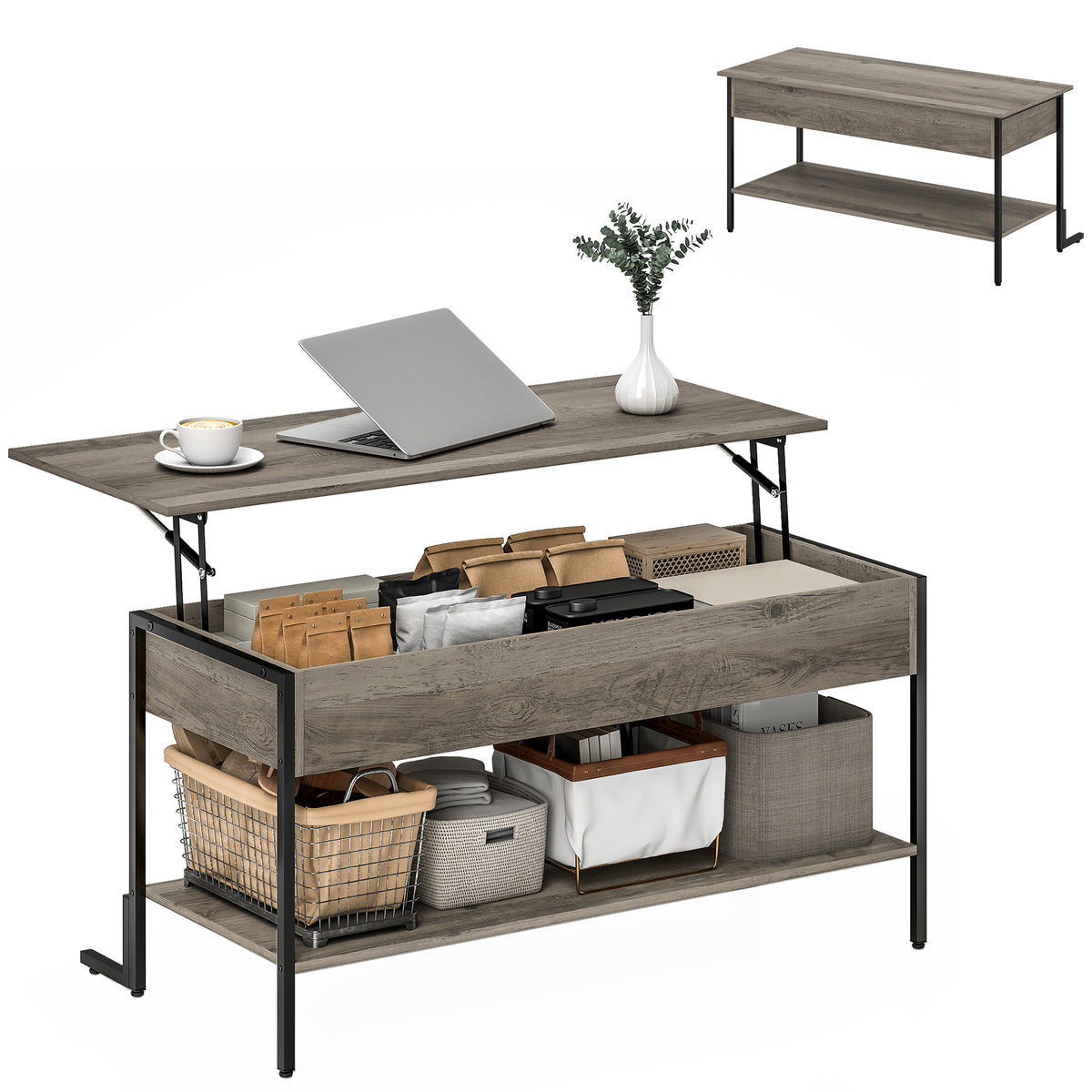 HOMCOM Couchtisch mit höhenverstellbarer Platte, Wohnzimmertisch mit verstecktem Fach und offenem Regal, 95x40x59cm, grau
