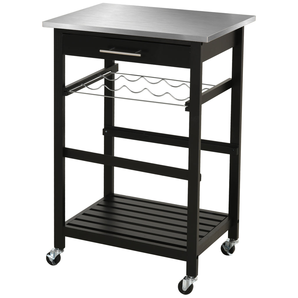 HOMCOM Küchenwagen Servierwagen Küchentisch auf Rollen mit Regal Flaschenablage 60B x 40T x 85H cm Arbeitsfläche aus Edelstahl Schwarz