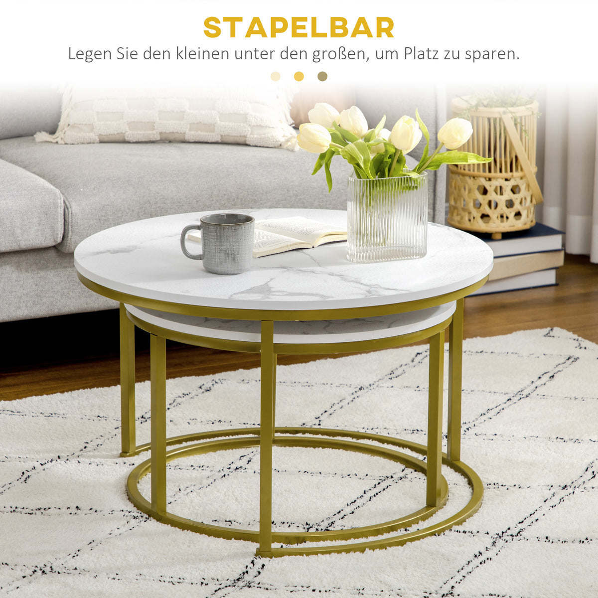 HOMCOM Beistelltisch-Set, 2 Satztische, Ø74 & Ø59 cm, Marmoroptik, Rahmen in Gold