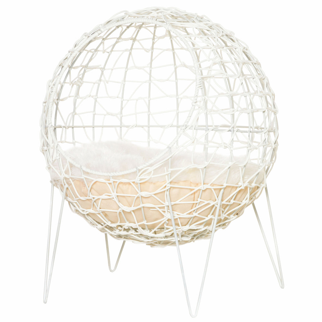Pawhut Rattan Katzenkorb Katzenhöhle Katzenhütte Katzenbett mit Kissen erhöhtes Design Haustierbett Cremeweiß Ø45 x 57H cm