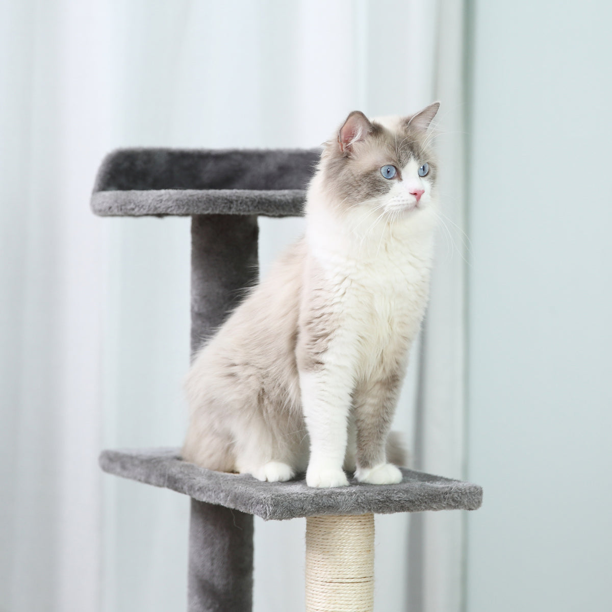 PawHut Kletterbaum Katzenbaum Spielbaum Katzenkratzbaum Treppe 5 Schichte Beige Grau 48,5 x 48,5 x 100 cm (LxBxH)