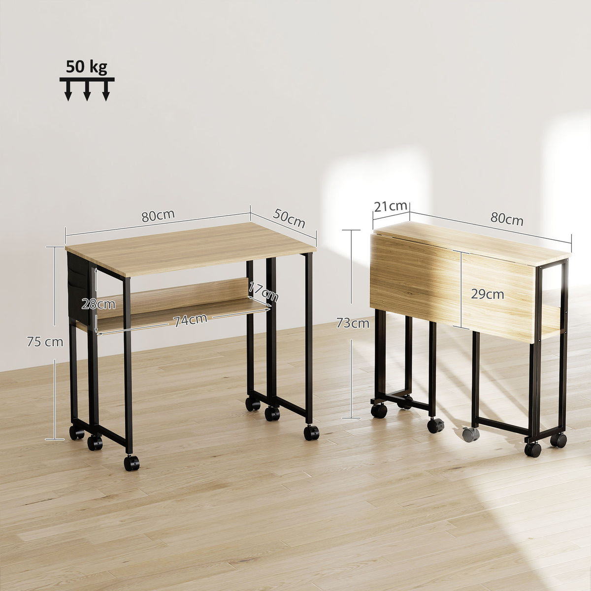 HOMCOM Klappbarer Schreibtisch auf Rollen 80 x 50 cm mit Regal und Aufbewahrungstasche, Eiche