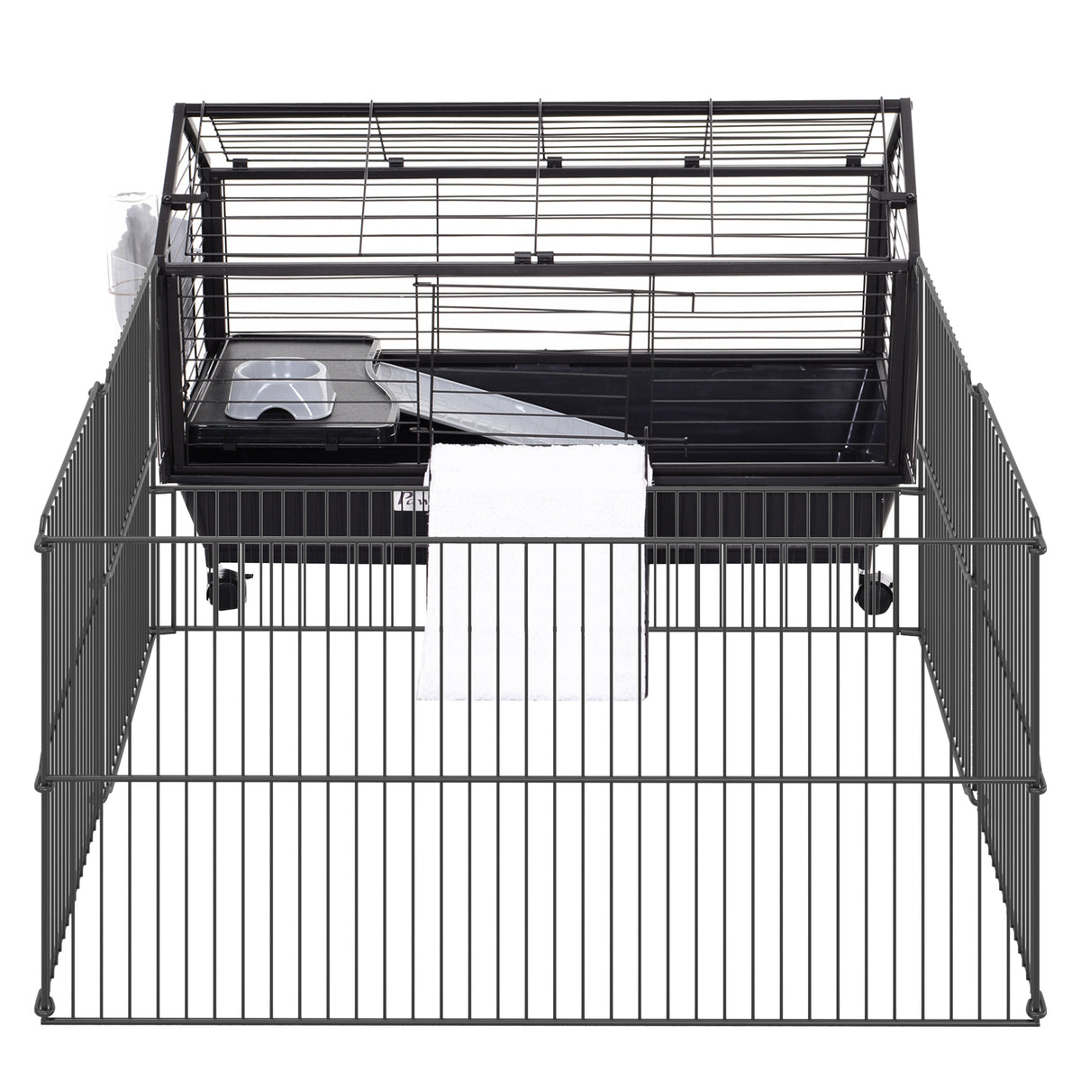 Pawhut Kleintierkäfig mit Freigehege inkl. Zubehör 88 cm x 128,5 cm x 56 cm  4 Rollen Schwarz Metall Polypropylen
