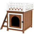 PawHut Katzenhaus, zweistöckig, mit Balkon und Treppe, für drinnen und draußen, für Katzen und Kaninchen, Tannenholz, Braun
