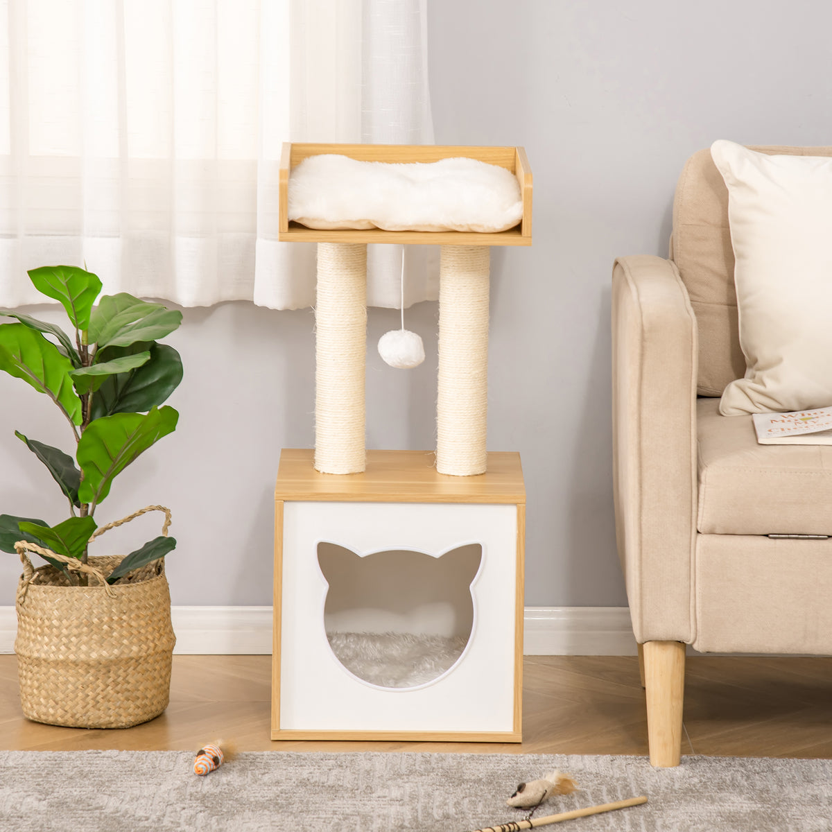 Pawhut Katzenhöhle mit 2 weichen Kissen Katzenbaum mit Katzenbett Spielzeug Kugel Katzenhaus, Sisal Natur 35 x 35 x 81 cm