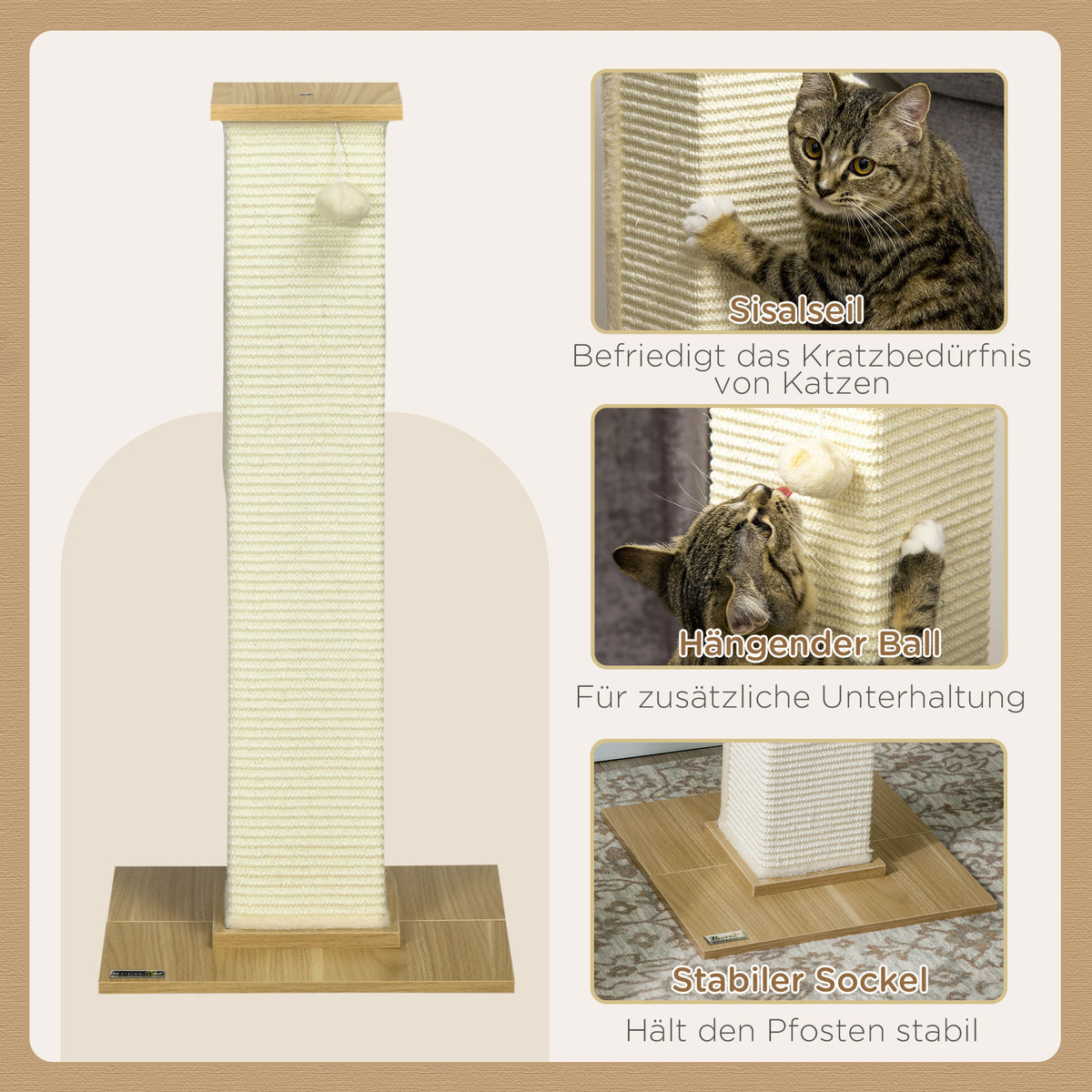 PawHut Kratzbaum inkl. Spielzeug, 38 cm x 38 cm x 80 cm, Beige + Natur