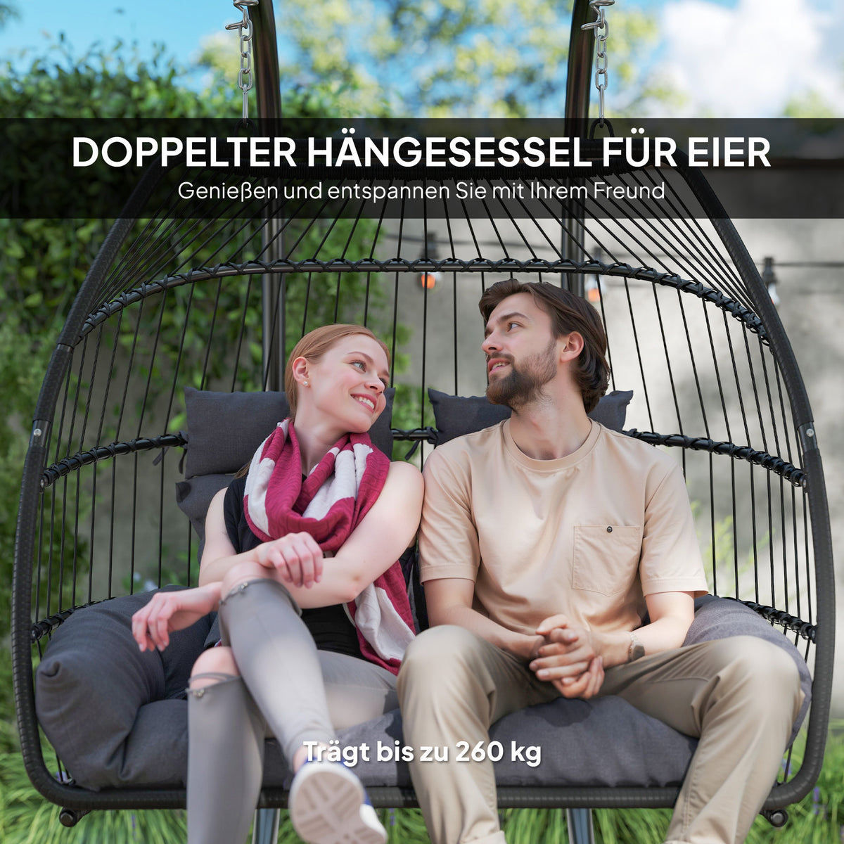 Outsunny Hängestuhl, Faltbarer Korbstuhl mit Kissen, Stahlrahmen, für drinnen und draußen, bis zu 260 kg belastbar, Dunkelgrau