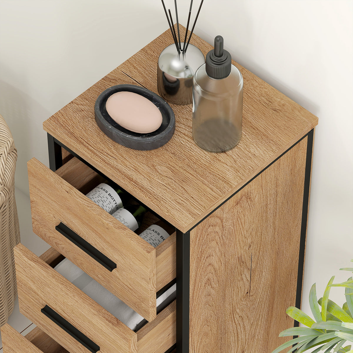 HOMCOM Schmaler Badezimmerschrank mit 4 Schubladen und Stahlstruktur, 30 x 30 x 82 cm, Eiche
