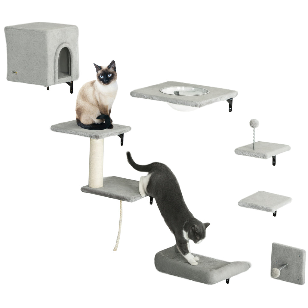 PawHut Kletterwand Katzen 7-teilig Katzen Kletterwand Set mit Katzenhaus, Plattform, Plattform Grau