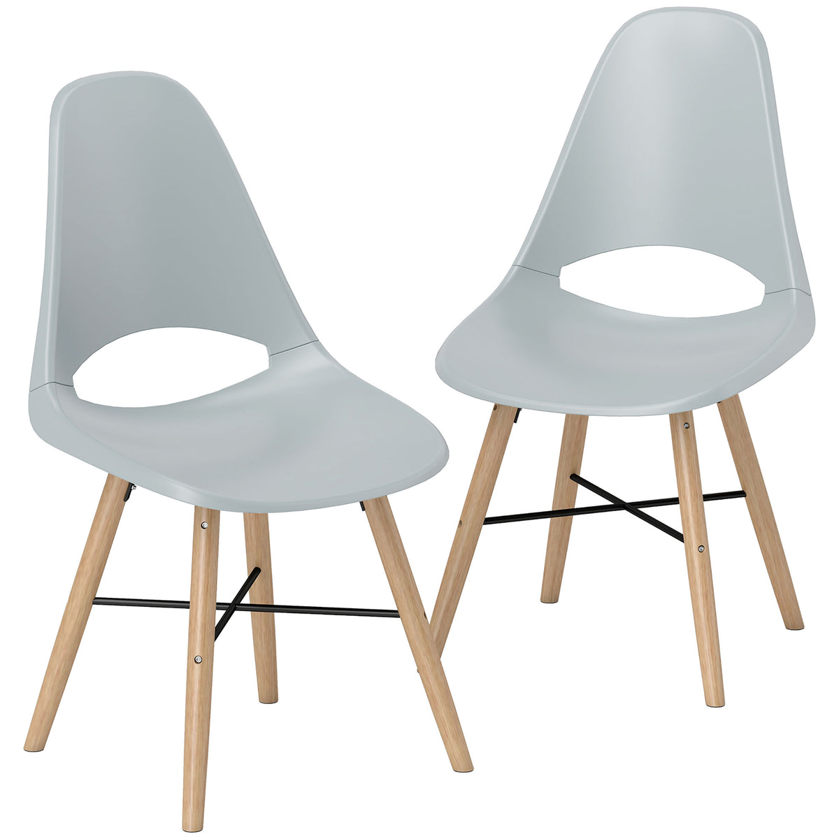 HOMCOM Set von 2 Esszimmerstühlen aus Kunststoff und Kautschukholz im skandinavischen Stil mit gebogenem Rücken, Grau