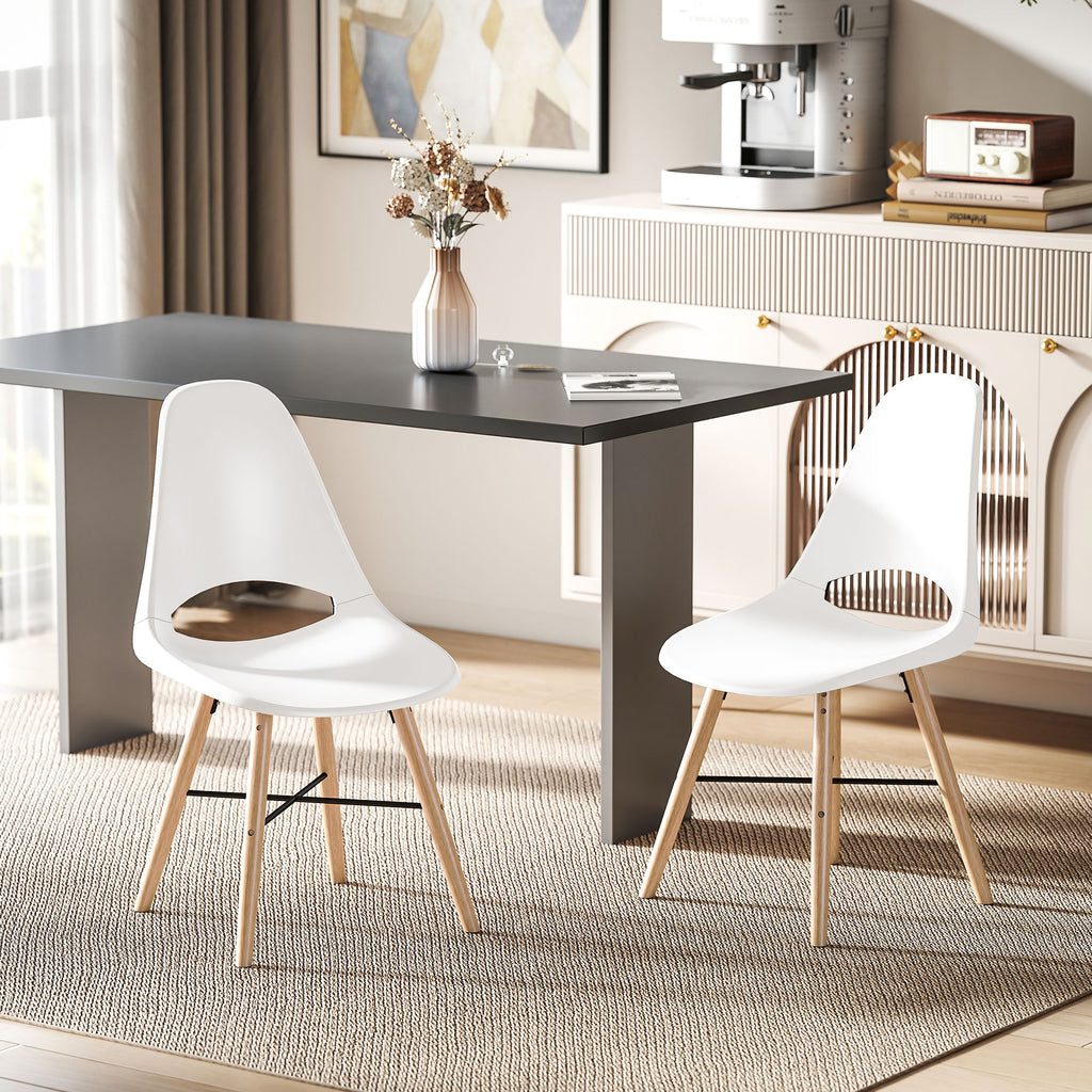HOMCOM Set von 2 Esszimmerstühlen aus Kunststoff und Gummiholz im nordischen Stil mit geschwungenem Rückenlehne, Weiß