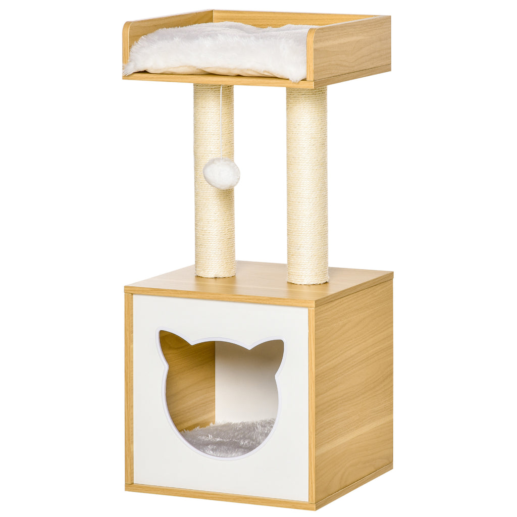 Pawhut Katzenhöhle mit 2 weichen Kissen Katzenbaum mit Katzenbett Spielzeug Kugel Katzenhaus, Sisal Natur 35 x 35 x 81 cm
