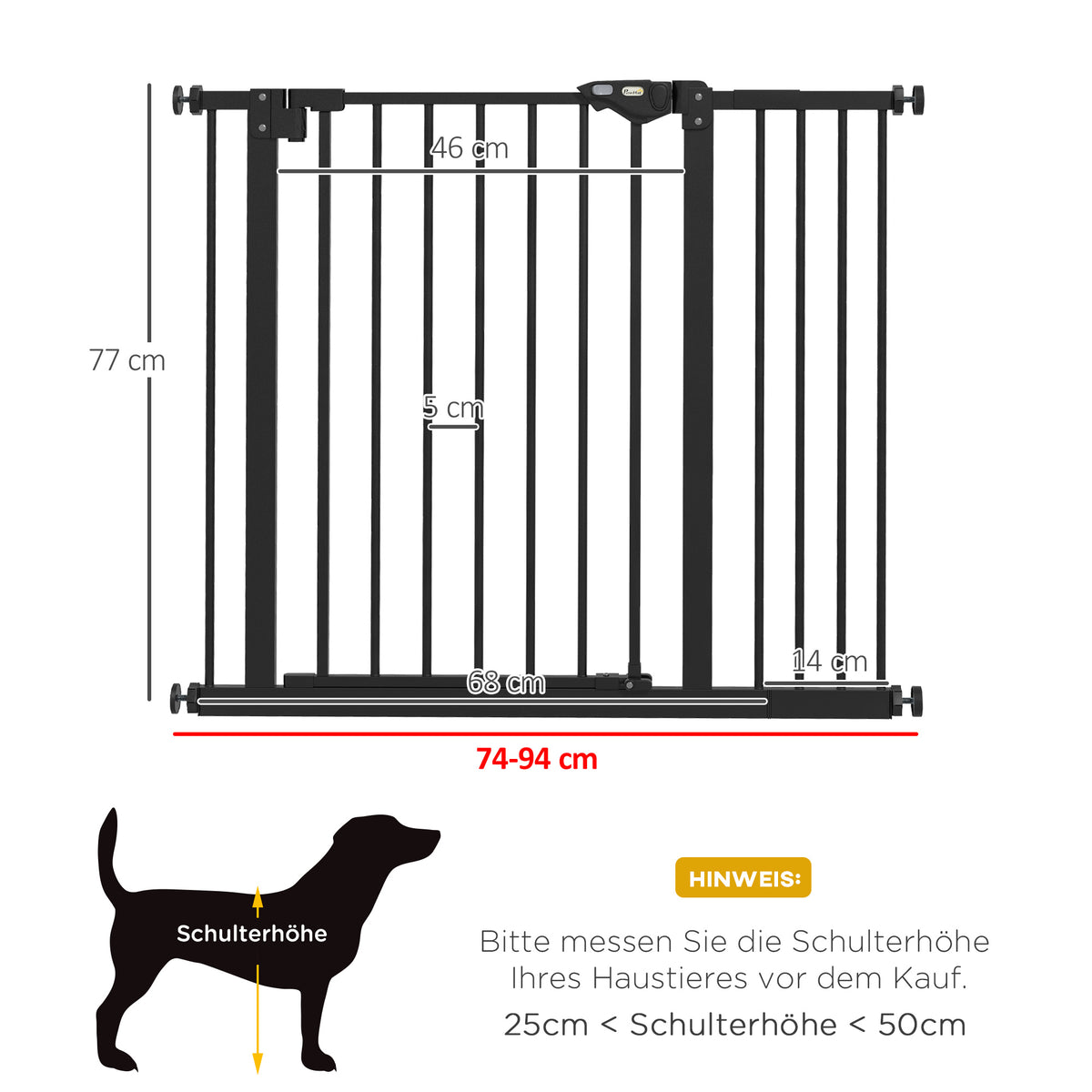 PawHut Türschutzgitter für Hunde, Absperrgitter, Schutzgitter für Haustiere, Metall, Kunststoff, ,74-80/87-94 cm, Schwarz