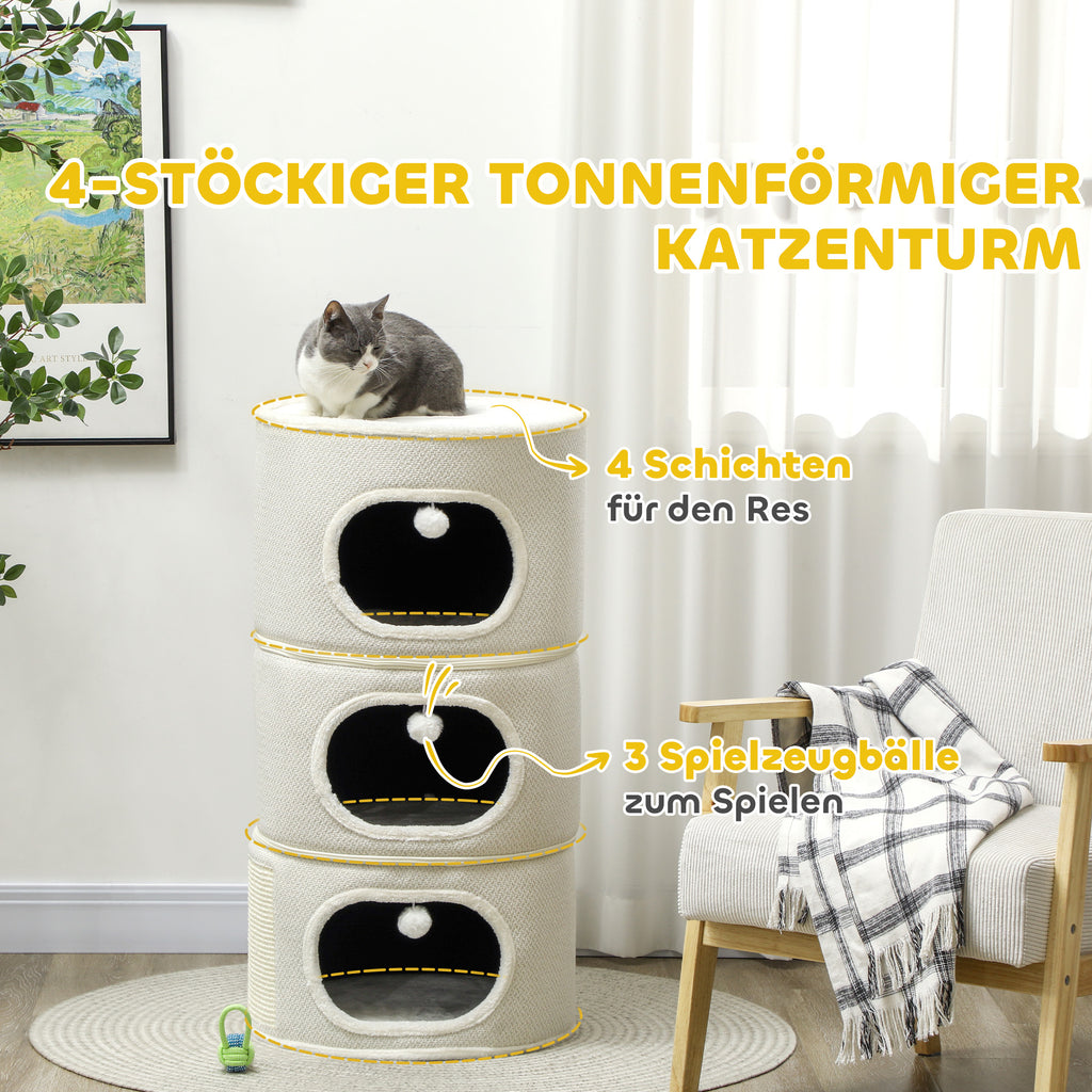 PawHut Katzenfass, 4 Ebenen, mit Kissen, Kratzmatte, Spielbällen, Katzenhaus für Innenbereich, Beige