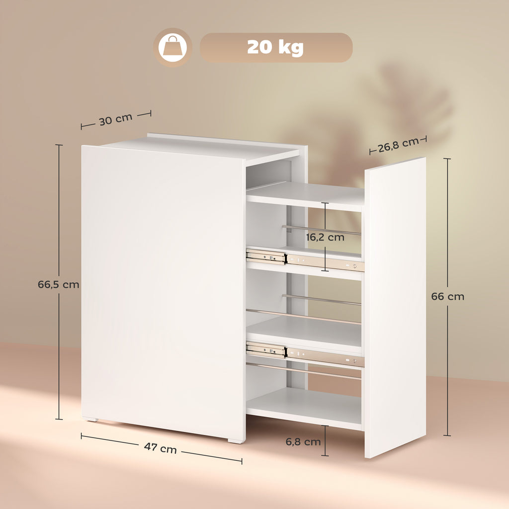 HOMCOM Kompakter und schmaler Badezimmerschrank mit Schublade auf Rollen, 3 Fächer, 47 x 30 x 66,5 cm, weiß