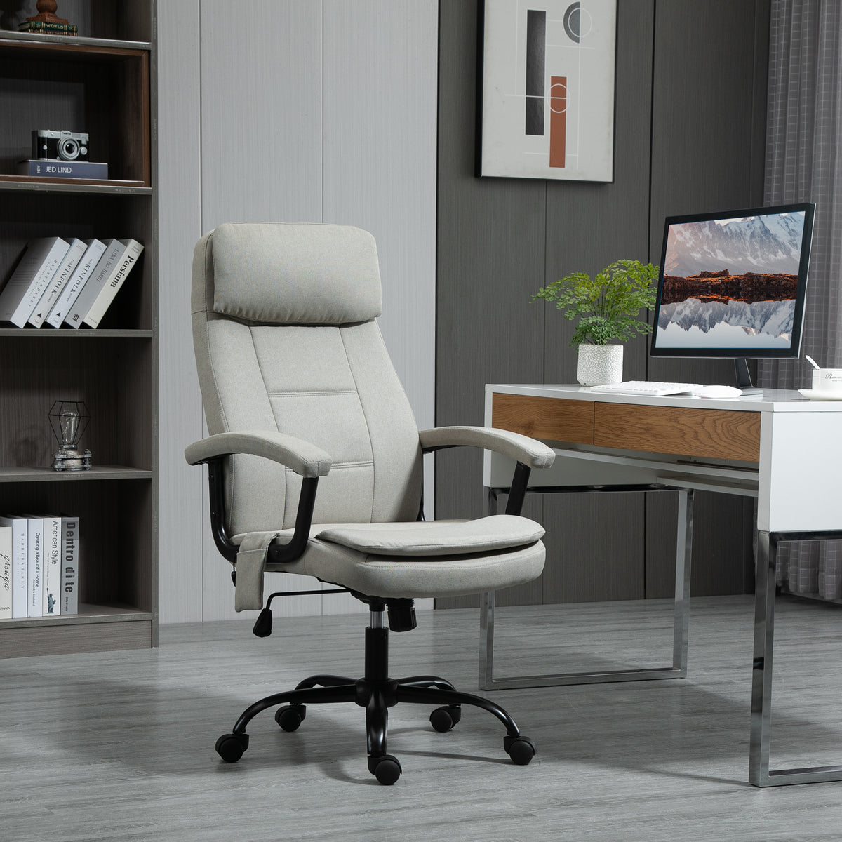 Vinsetto Bürostuhl Massage höhenverstellbarer Chefsessel Gamingstuhl mit Massagefunktion, ergonomischer Drehstuhl Massage Sessel Lendenwirbelsäulenmassage Leinen-Gefühl Beige 63 x 70 x 112-121 cm
