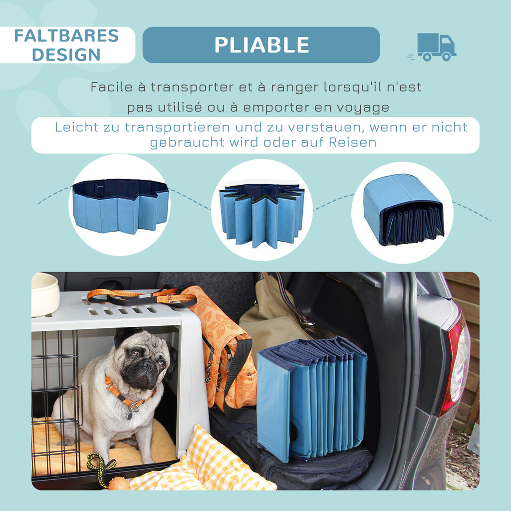 PawHut Hundebadewanne faltbar Badewanne Hundepool Plantschbecken Swimmingpool Wasserbecken für Hunde und Katzen Schwimmbecken Kunststoff+Holz Blau Ø120 x H30 cm