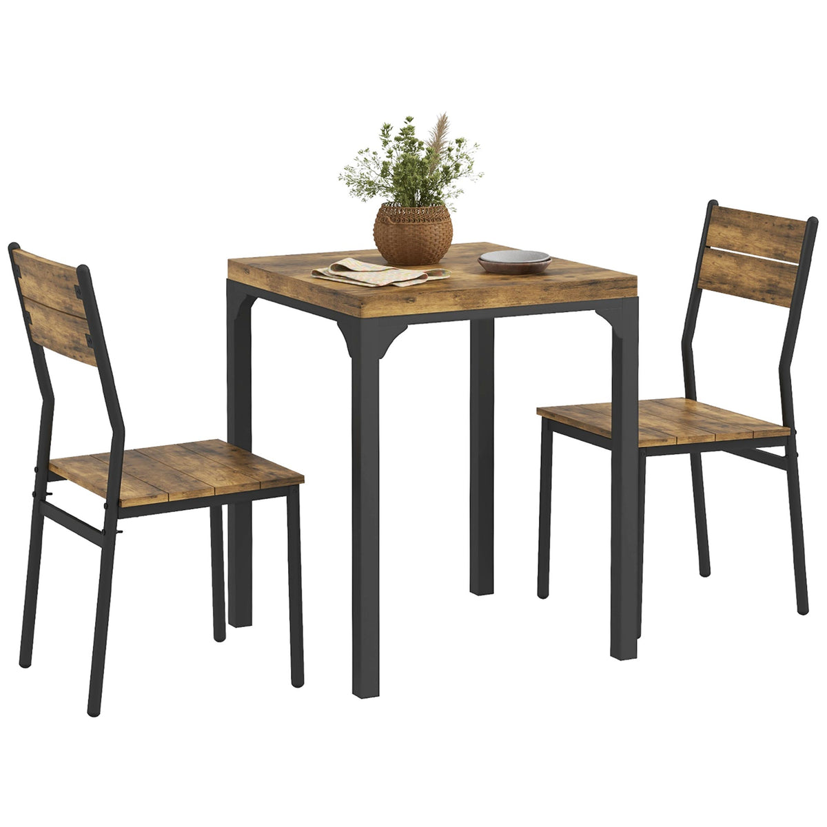 HOMCOM 3-teilige Essgruppe, Esstisch-Set, 1 Tisch, 2 Stühle, MDF+Metall, Braun