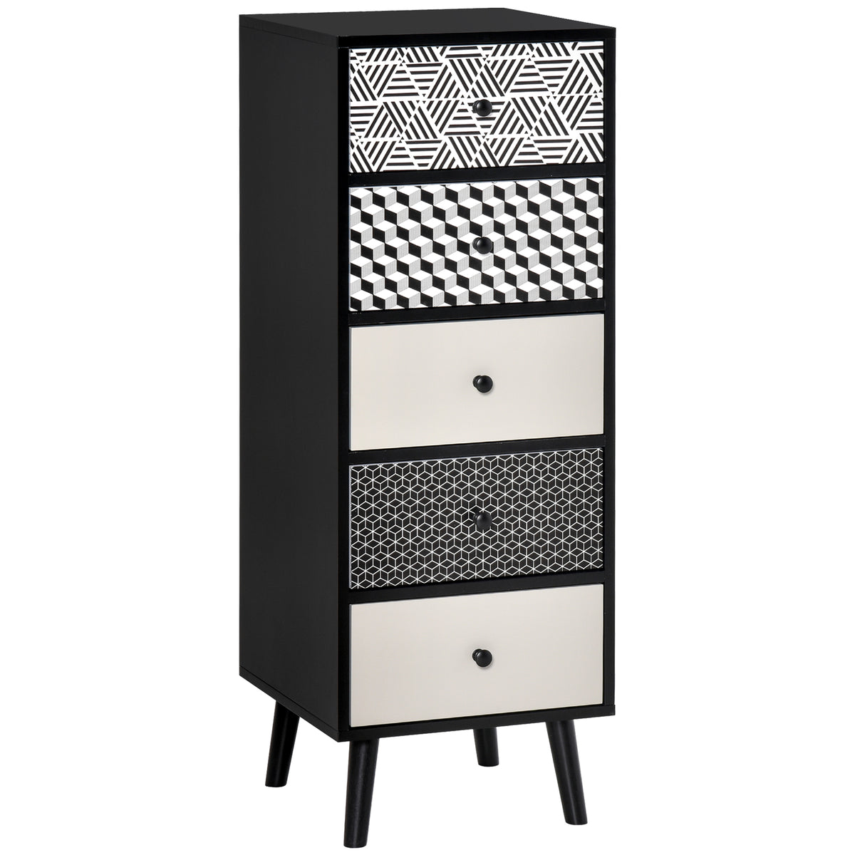 HOMCOM Mobile Schubladenkommode 5 Schubladen mit geometrischem Muster, modernes Möbel für Schlafzimmer und Eingangsbereich, 40x40x111,5 cm Schwarz Grau