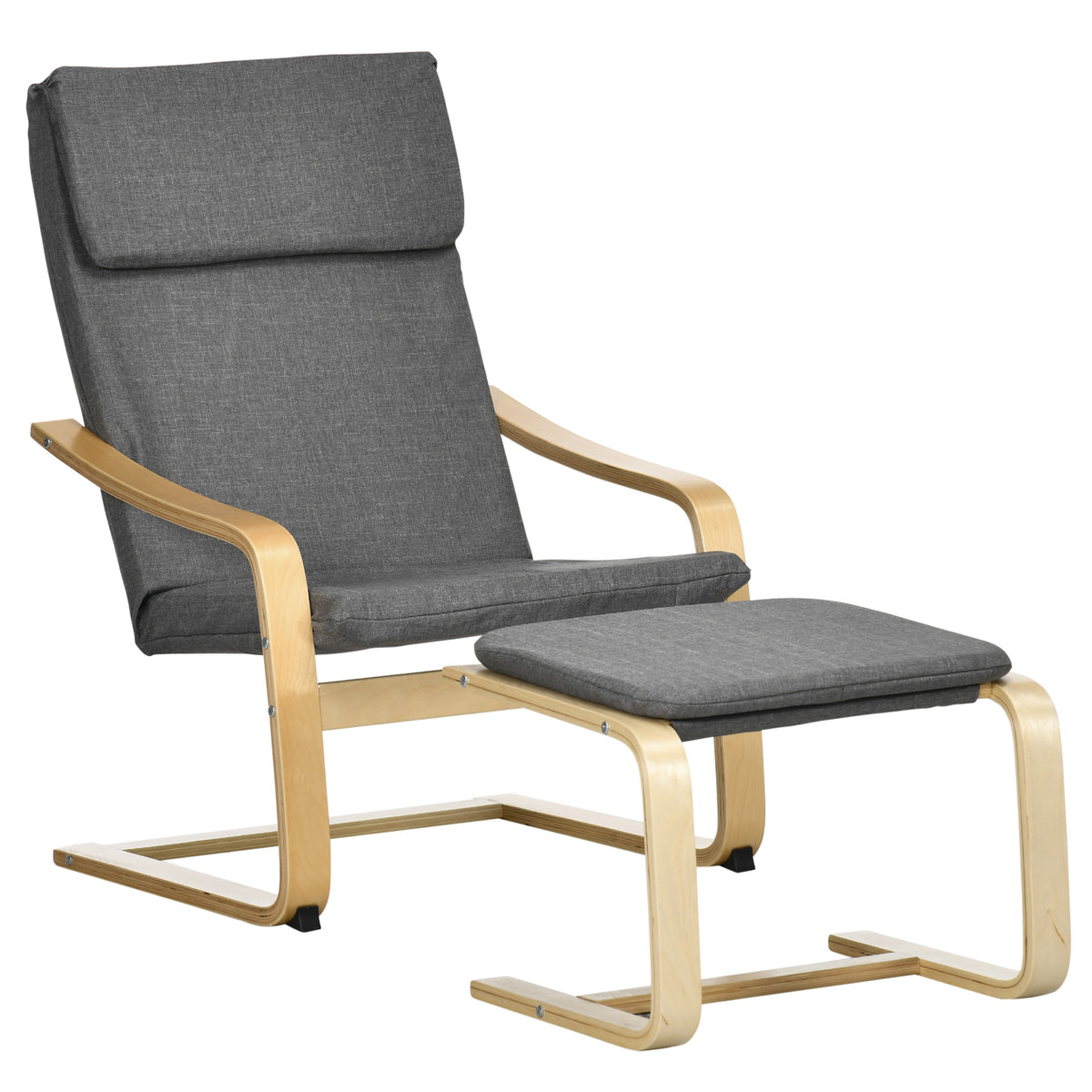 HOMCOM Sessel mit Fußhocker, Sessel-Set, bis 120 kg, Leinenoptik, Massivholz, Grau + Natur, 66,5 x 80 x 99 cm