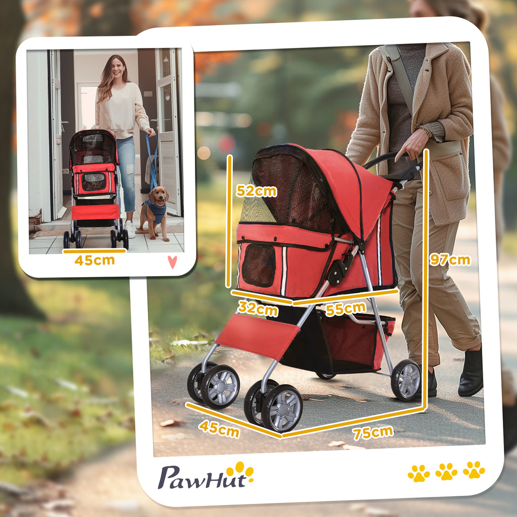 PawHut Hundewagen Hundetrolley bis 10 kg Klappbar mit Becherhalter Sonnendach Rot